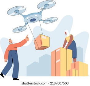 Smart logistics technology metaphor. Idea of modern transportation and distribution. People using copter delivery. Technical and science innovation. Automation and development of delivery process