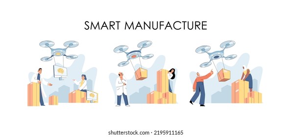 Smart logistics technology metaphor. Idea of modern transportation and distribution. People using copter delivery. Technical and science innovation. Automation and development of delivery process