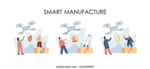 Smart logistics technology metaphor. Idea of modern transportation and distribution. People using copter delivery. Technical and science innovation. Automation and development of delivery process