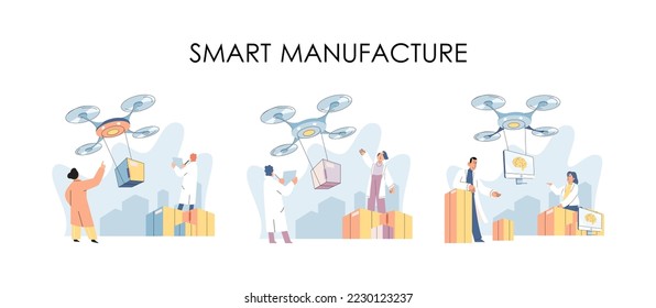 Intelligente Logistiktechnologie-Metapher. Idee des modernen Transports und der modernen Verteilung. Menschen, die mit Kopierern versorgt werden. Innovation in Technik und Wissenschaft. Automatisierung und Entwicklung des Lieferprozesses