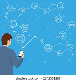 Smart logistics and transportation concept. The man from the smartphone manages all delivery processes, smart delivery. Vector illustration