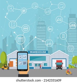 Smart logistics and transportation concept. The man from the smartphone manages all delivery processes, smart delivery. Vector illustration