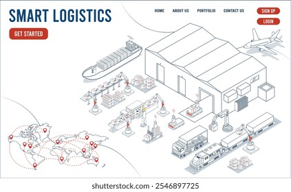 Smart logistics website template combines warehouse management and IoT transportation to optimize supply chain operations concept. Vector illustration eps10