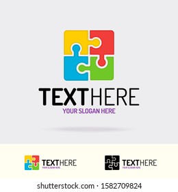 Smart logo consisting of puzzle color flat style for kids symbol, bainstorm, teamwork, support, donation, technology, coding, programmer symbol, business concept, handle and felling. Vector 10 eps