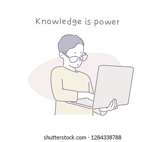 A smart looking boy wearing glasses and using a laptop. hand drawn style vector design illustrations. A smart looking boy wearing glasses and using a laptop. hand drawn style vector design illustrations.