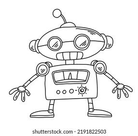 Smart looking robot for coloring book. Cute cybernetic character doodle illustration. 
