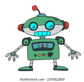 Smart looking robot with glasses. Cute green character doodle illustration. 
