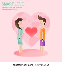 smart love valentine's day illustration with girl and guy and heart. pink romantic template. flat design style vector graphic illustration