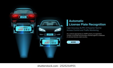 Soluciones inteligentes de cámaras LPR: reconocimiento automatizado de placas de Licencia, registro de vehículos, detección de velocidad, seguimiento de Locaciones y monitoreo de infracciones de tráfico. Vector.