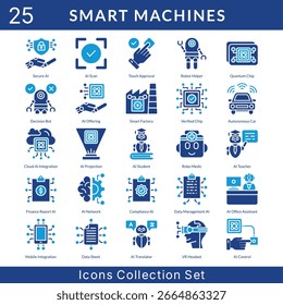 Colección de conjunto de iconos de máquinas inteligentes en estilo de glifo sólido. un paquete de iconos contiene escaneo de IA, Aprobación táctil, ayudante de robot, chip cuántico, robot de decisión, oferta de IA, fábrica inteligente