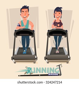 smart male and female doing exercises on treadmill. running machine - vector illustration