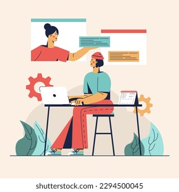 Smart male sitting at the table, working on laptop and looking up. Woman showing presentation, shoving ideas for work. Concept of successful work. Colored vector illustration in flat design