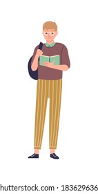 Smart man with book. Male character in glasses with backpack read, student boy study knowledge, schoolboy with textbook, self education and library concept vector cartoon isolated reader illustration