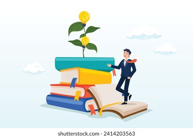 Smart man with book stack with light bulb plant, knowledge, wisdom to create new idea, creativity or innovation from reading books, education or learning new skill to success, study, library (Vector)