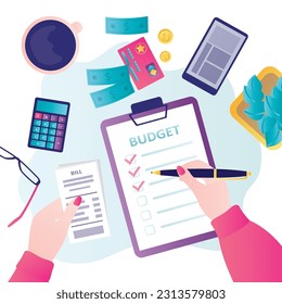 Smart man calculating and planning personal budget, financial planner. Business person thinking about earnings and spendings. Distribution of funds for various expenses. Top view. vector illustration