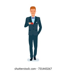 Smart man cartoon character. Man in a beautiful business suit, resting, spending free time behind lunch in the office, relaxing, holds cup of hot coffee in hand, office break. Vector illustration.