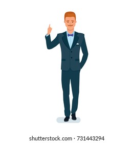 Smart man cartoon character. Man in a strict business suit is holding his finger up, gesticulating wisdom, prudence, true. Creative thinking, ideological inspiration, creativity. Vector illustration.