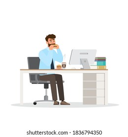 smart man casual dressing, sitting in office, having break and eating lunch. vector flat style cartoon illustration, isolated, white background