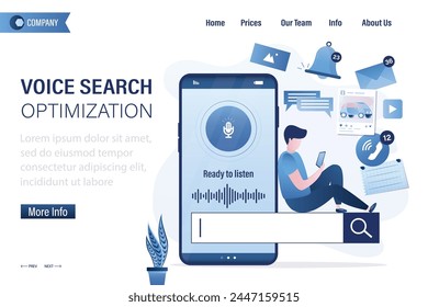 Smart man communicates with voice assistant. Voice search optimization, landing page. Enhancing user experience with voice-activated search technology. Intuitive interfaces for digital interactions