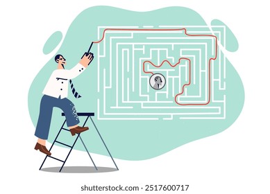 Smart man finds way out of maze, for concept of finding solution when moving up career ladder. Business guy with smile solves maze puzzle as metaphor for gaining freedom from employer