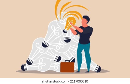 Smart man got finger lightbulb idea. Happy office people with strategy development job vector illustration concept. Innovation entrepreneur and startup inspiration business. Human brain thinking