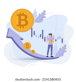 smart man holding bitcoins currency on up trend arrow, purple color of illustration abstract on white background, crypto concept, payments Vector, illustration design