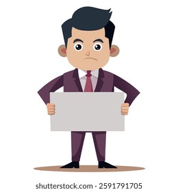 Smart man holding a blank signboard. Smart businessman standing with a board. Annoying in workplace