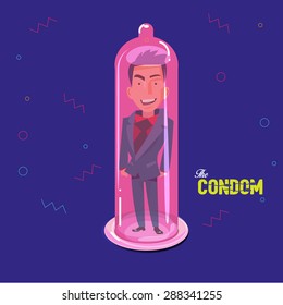 smart man inside condom. protection concept - vector illustration