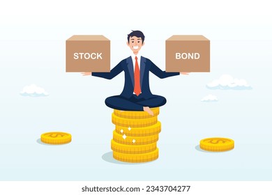 Smart man keep calm sitting on stack of money coins balancing stock and bond boxes, diversify portfolio investment, rebalance between stocks and bonds, passive invest wealth accumulate (Vector)