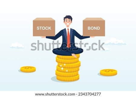 Smart man keep calm sitting on stack of money coins balancing stock and bond boxes, diversify portfolio investment, rebalance between stocks and bonds, passive invest wealth accumulate (Vector)