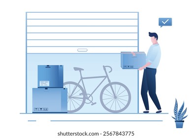 Smart man keeping personal belongings in rented storage space. Mini garage rental. Self storage. Businessman with various boxes. Small mini warehouse unit. flat vector Illustration