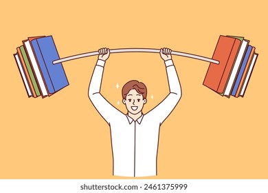 Smart man lifts barbell made of books over head, showing off knowledge gained from educational literature. Guy shows strength by urging to read more books and visit libraries to improve skills.