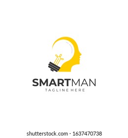 smart man logo design. a man head with light bulb vector illustration for business company graphic template