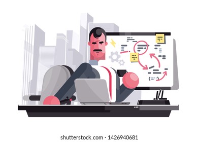 Smart man with mega brain vector illustration. Clever employee with creative mind working with laptop at office flat style concept. Cityscape on background