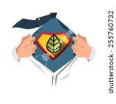 smart man open shirt to show "leaf symbol" in hero style. Saving the World concept - vector illustration