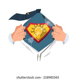 smart man open shirt and show " light bulb symbol " in superhero style.  - vector illustration