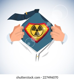 smart man open shirt to show " radioactive symbol " in superhero style - vector illustration