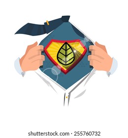 smart man open shirt to show "leaf symbol" in hero style. Saving the World concept - vector illustration