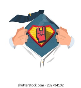 smart man open shirt to show  rock hand symbol  in hero style. heavy rock and professional concept - vector illustration
