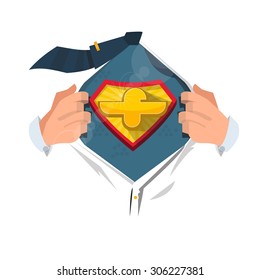 smart man open shirt to show "eagle" symbol in hero style - vector illustration