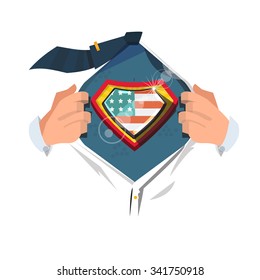 smart man open shirt to show "American flag" in hero style. American concept - vector illustration