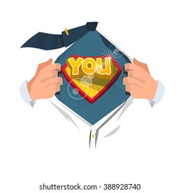 smart man open shirt to show "You" text in comic style - vector illustration