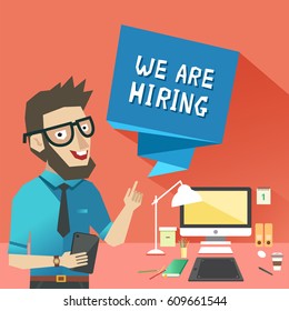 Smart Man with pointing finger and We Are Hiring announcement, office work place on background. Hiring concept. Vector colorful illustration in flat design