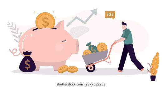 Smart man pushes cart with money towards piggy bank. Money management. Retirement savings, pension fund, opening profitable bank deposit. Investing in future. Growth passive income. Personal budget.