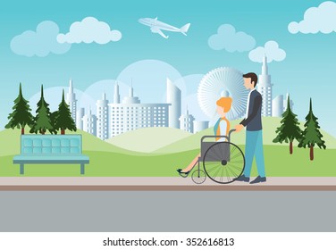 Smart man pushing wheelchair with disabled woman on nature blue sky background. Concept for Lovely couple, growing together or happy retiring, vector illustration.