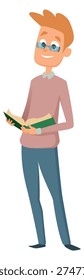 Smart man reading. Guy in glasses with open book