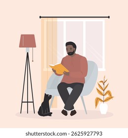 Smart man sitting at chair and read book. Hobby, reading, imagination. Choosing literature to read or learn. Happy african american male character, bookworm. Education, learning concept. flat vector