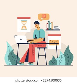 Smart man sitting at the table with laptop and looking on screen. Waiting for technical work on website. Concept of work in messengers and technical support. Vector illustration in flat design