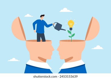 Smart man stand on teacher head watering plant on student head, illustrating teaching and learning to develop new skills and wisdom. Concept of inspiration or growth mindset, and transfer of knowledge