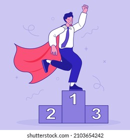 Smart man team leader 1st winner with champion cup celebrating success business. Super leader and super businessman in red capes. Man lead company or team to win and reach business target concept.